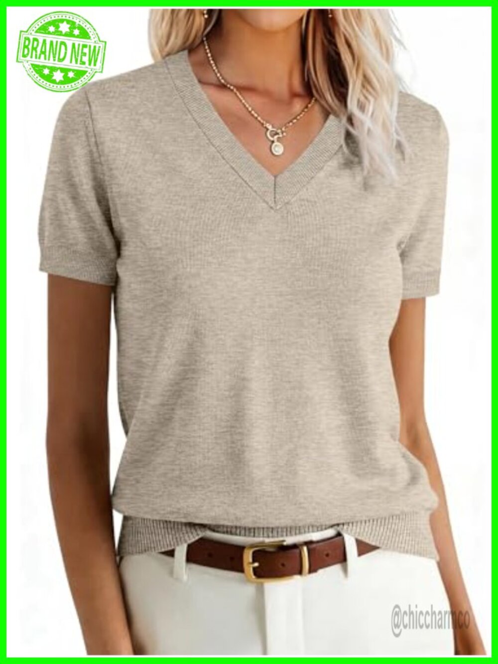 Womens Short Sleeve Wool Blend Sweater Top V-Neck Business Casual Knit